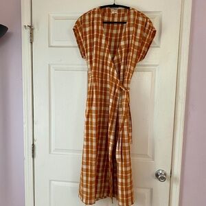 Bridge & Burn Saria Plaid Cotton Wrap Dress Orange and White Size M